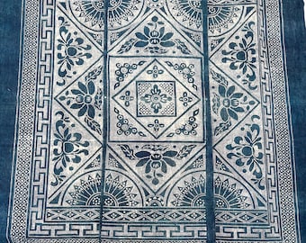 Vintage Indigo Batik Fabric Wall Hanging, Chinoiserie Chinese Bedcover Textile