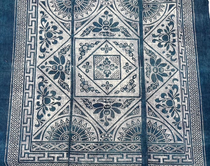 Vintage Indigo Batik Fabric Wall Hanging, Chinoiserie Chinese Bedcover Textile