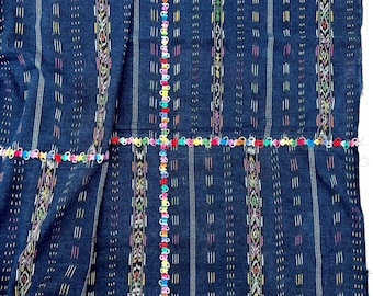 Embroidered Guatemalan Fabric, hand embroidery on  dark blue cotton, Guatemalan Corte Cloth, Navy blue with rainbow stripes, colorful fabric