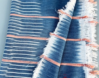 Vintage Baule Cloth Throw: Blue and Organge Ikat Cotton Textile, Boho Home Decor Fabric