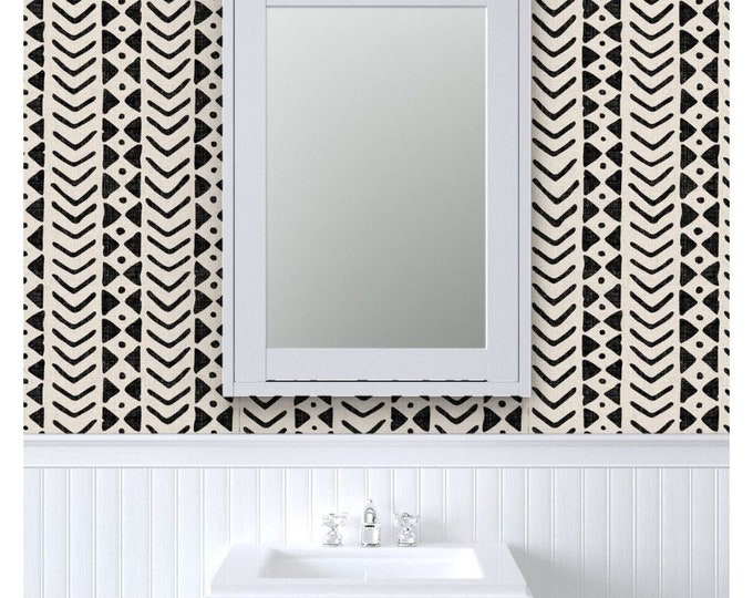 Block print wallpaper, wall art home improvement peel and stick, housewarming gift, black and white ethnic style home decor
