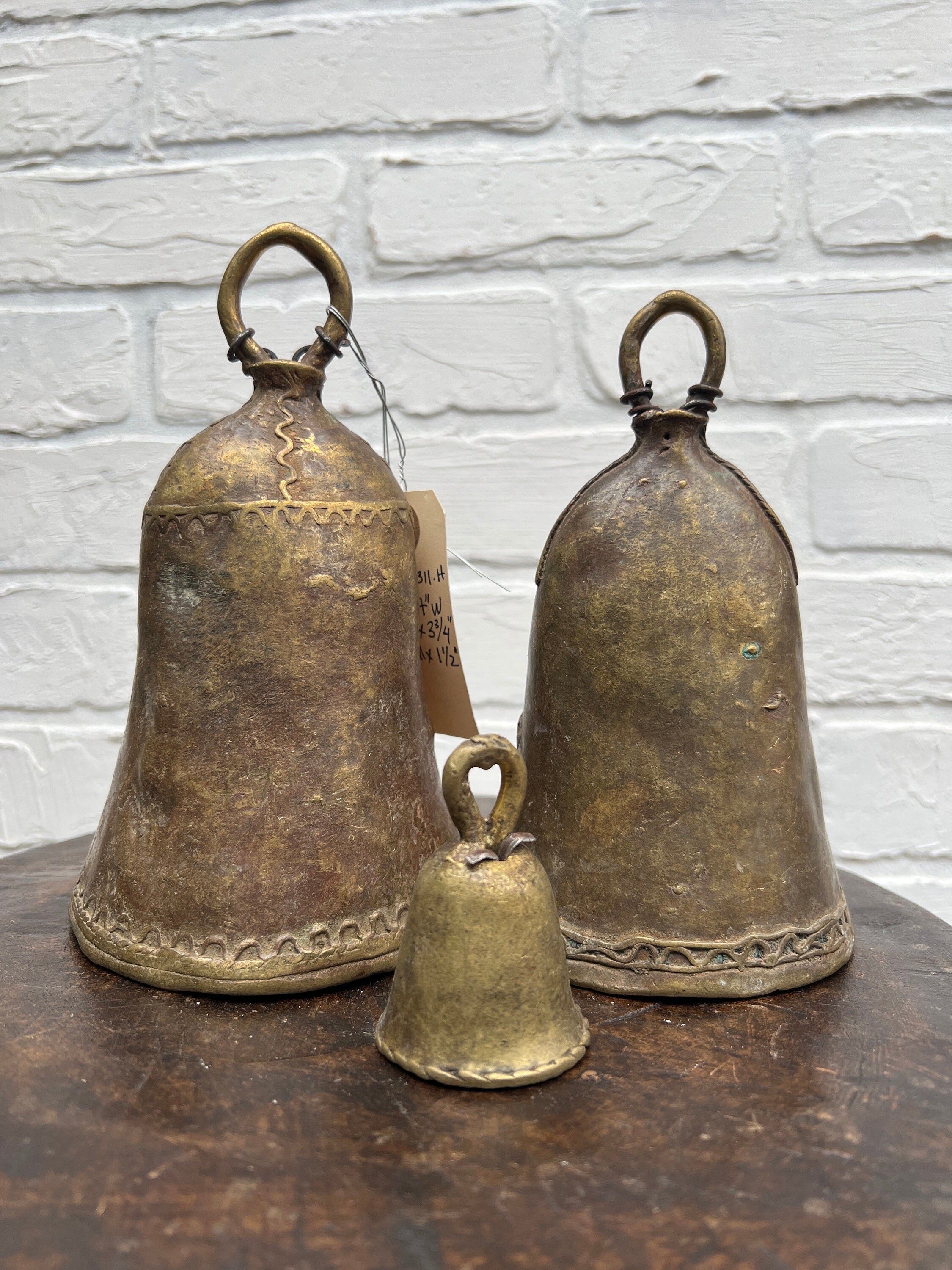 Vintage cow bells, Set of 3 Bronze Bells, Rustic African Hand Made Bells, 7  inch to 3 inch tall Holiday Bells, Antique brass Bells