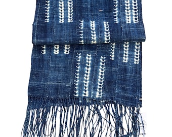 African Mud Cloth textile scarf with fringe. Vintage blue and white wrap with hand made details. Unisex scarf