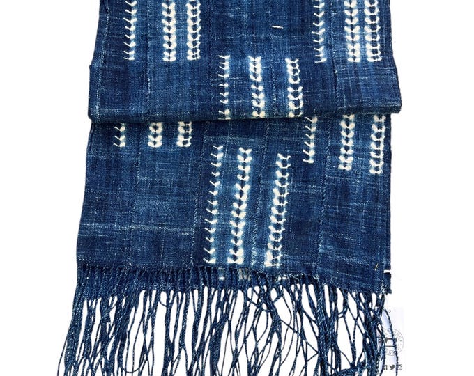 African Mud Cloth textile scarf with fringe. Vintage blue and white wrap with hand made details. Unisex scarf