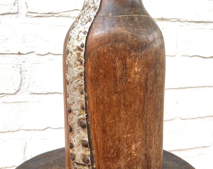 Hand carved vase, wood and hammered metal jug, Primitive sculpture, rustic farmhouse style, up-cycled African art, perfectly imperfect jug