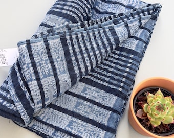 Vintage Blue and white Guatemalan Fabric, Indigo stripe Ikat Fabric, corte cloth