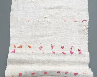 Vintage Boho Rug, Neutral home decor with pink silk, farmhouse runner