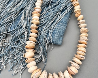 Shell bead necklace in ivory & amber colors from Africa, Vintage Jewelry supply, Coastal beads, Natural shell necklace, casual accessory.