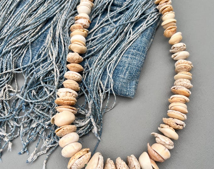 Shell bead necklace in ivory & amber colors from Africa, Vintage Jewelry supply, Coastal beads, Natural shell necklace, casual accessory.