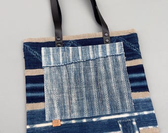 Tote- denim patchwork shopping bag- linen shoulder strap purse, genuine leather and linen fabric- African mud cloth tote- carry-all shopper