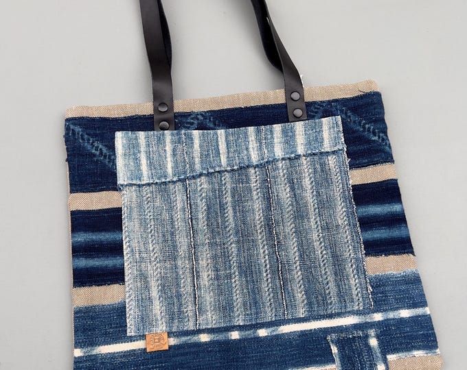 Tote- denim patchwork shopping bag- linen shoulder strap purse, genuine leather and linen fabric- African mud cloth tote- carry-all shopper