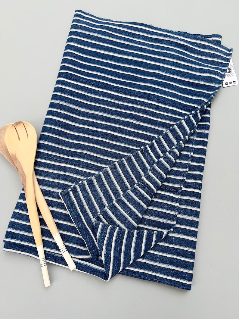 Mud Cloth striped throw, Vintage African Indigo mudcloth fabric, blue and white stripes image 4