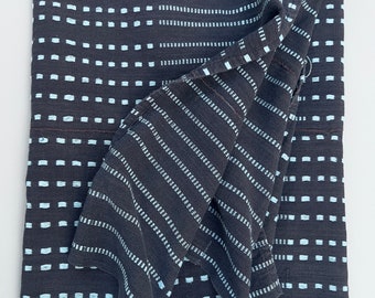 Checker Striped Mud Cloth, African fabric, Vintage Textile gray and blue