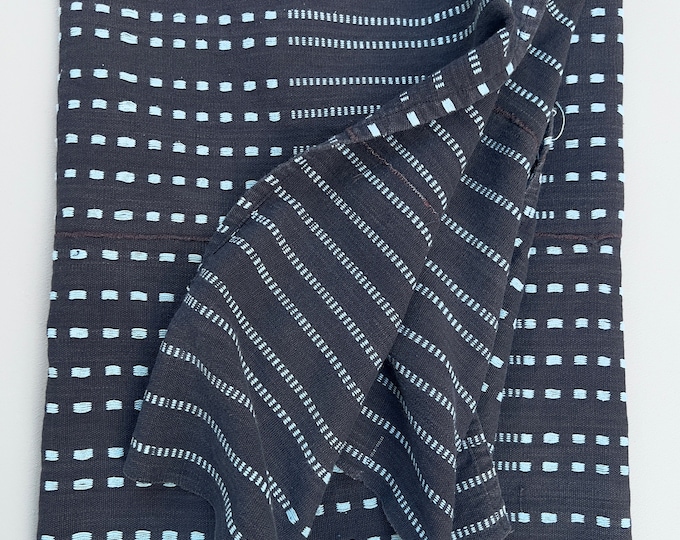 Checker Striped Mud Cloth, African fabric, Vintage Textile gray and blue