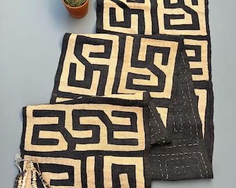 Primitive Tribal Decor, Hand made tapestry, geometric wall art, black and natural raffia textile, abstract art piece, African Kuba cloth