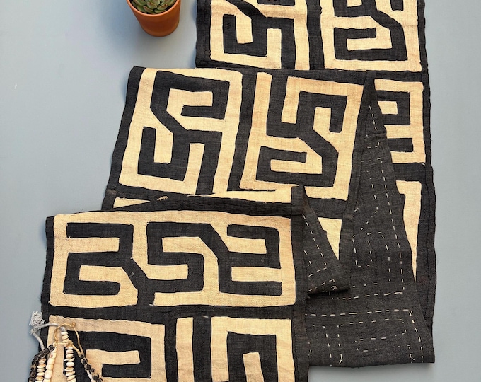 Primitive Tribal Decor, Hand made tapestry, geometric wall art, black and natural raffia textile, abstract art piece, African Kuba cloth