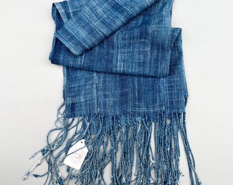 Mud Cloth with long fringe, Indigo Blue Denim Mudcloth, Vintage African textile, Blue scarf, denim scarf with fringe
