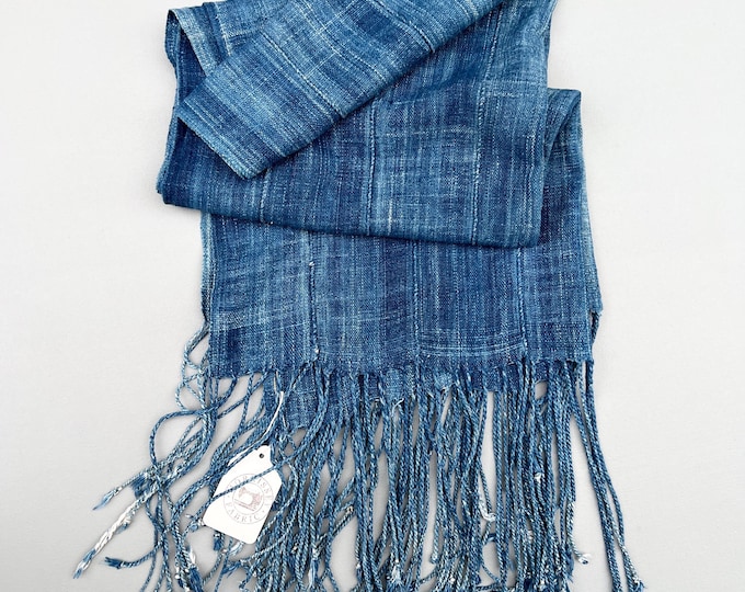 Mud Cloth with long fringe, Indigo Blue Denim Mudcloth, Vintage African textile, Blue scarf, denim scarf with fringe