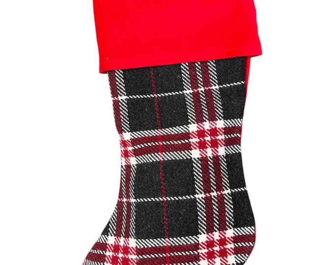 Linen Christmas stocking, farmhouse style plaid linen with black tassels, cottage vibe decor