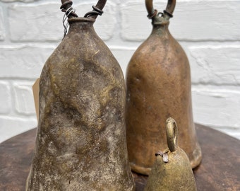 Vintage Bronze Bells, Rustic African Hand Made Bells, Large and small Holiday Bells, Antique brass Bells, Morrissey Fabric