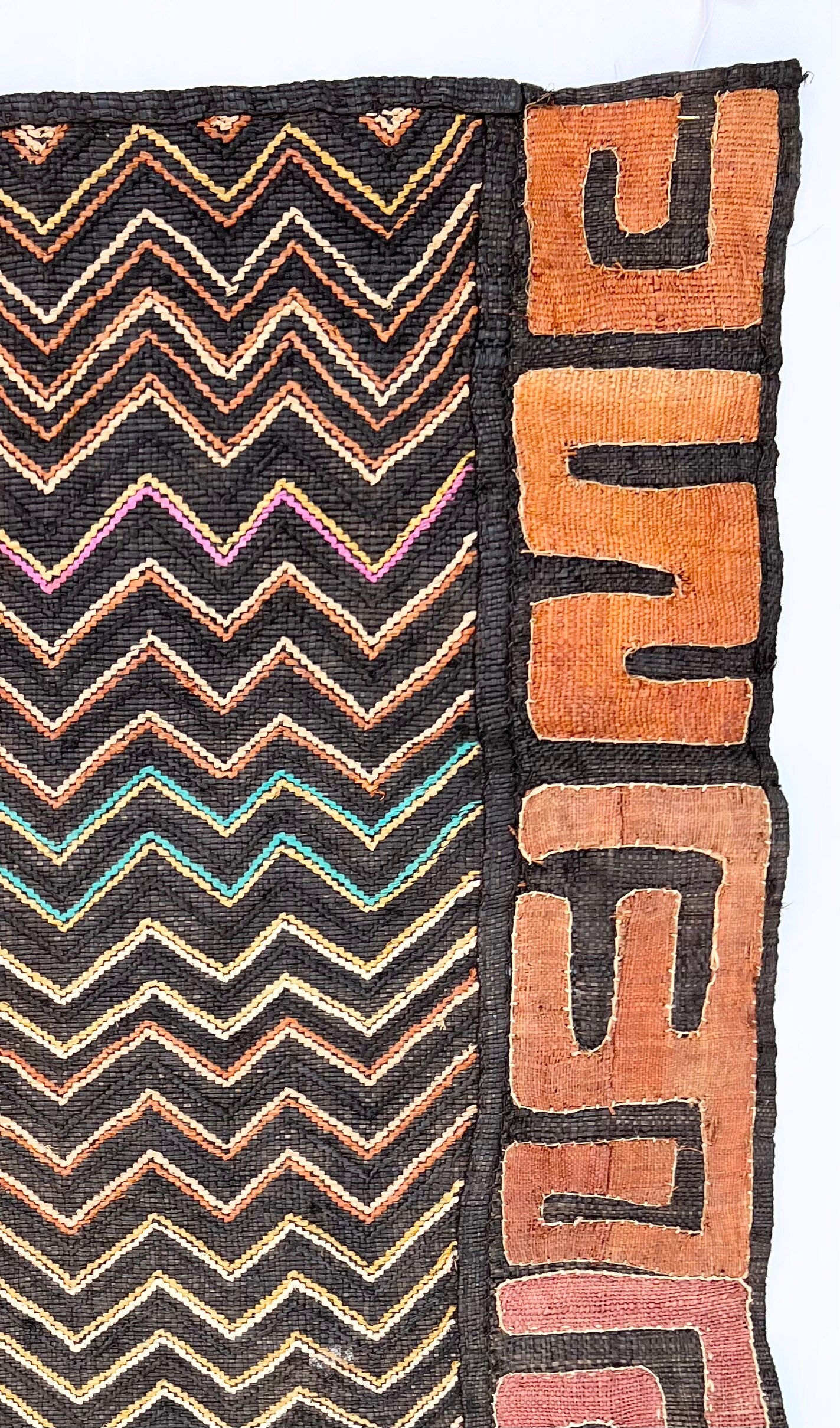 Kuba Cloth, Vintage African Textile, Hand made, African Wall Art with conch shells, Morrissey