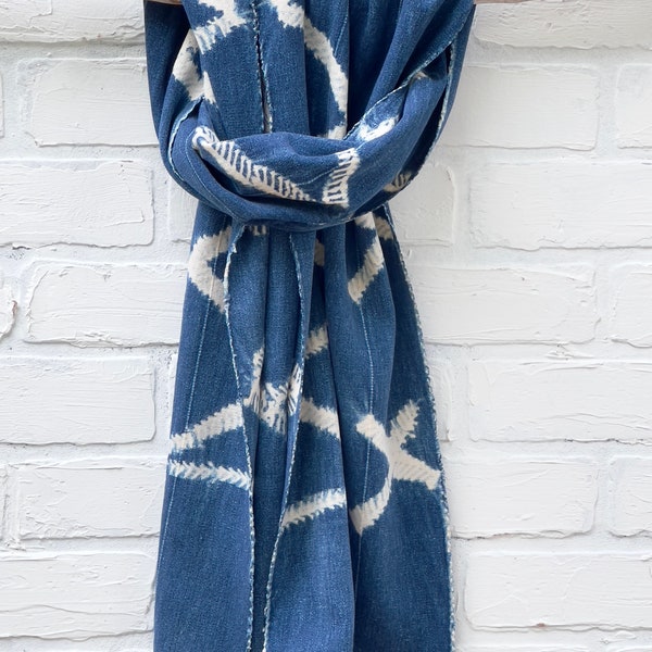 Bohemian beach scarf, Navy blue African Indigo with shibori stripes fabric remnant