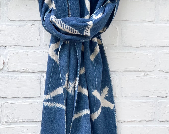 Bohemian beach scarf, Navy blue African Indigo with shibori stripes fabric remnant