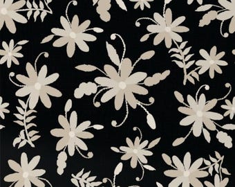 black ground floral wallpaper- traditional un-pasted flower wallpaper, taupe flowers- Minimalist flowers wallpaper, Mexican Otomi flowers