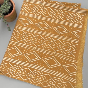 Mud Cloth Fabric, Boho home decor, hand painted golden yellow image 4