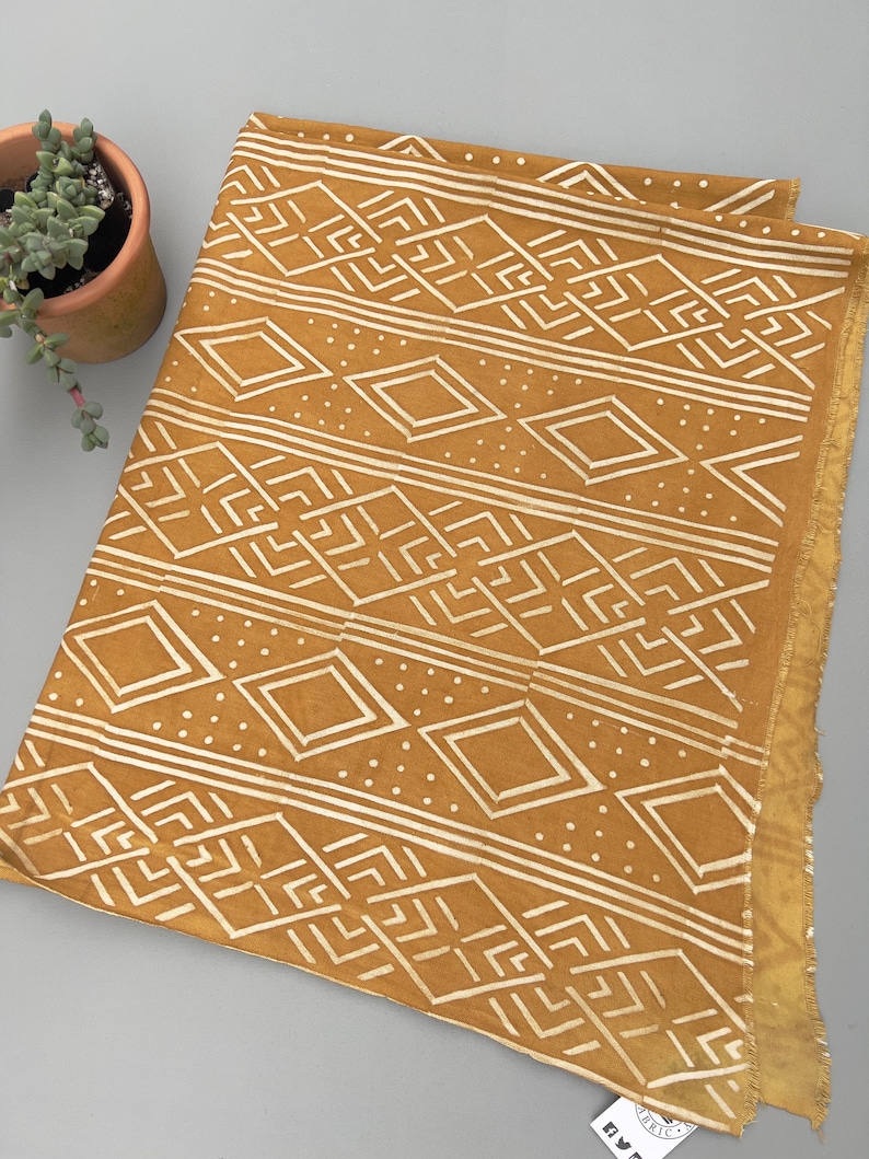 Mud Cloth Fabric, Boho home decor, hand painted golden yellow image 4