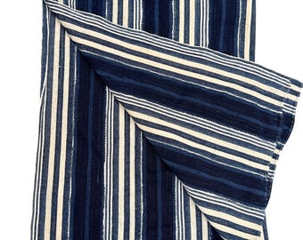 Awning stripe mud cloth fabric, dark indigo blue stripes, Vintage African textile, blue, tan, and ivory stripes, Vintage hand made fabric