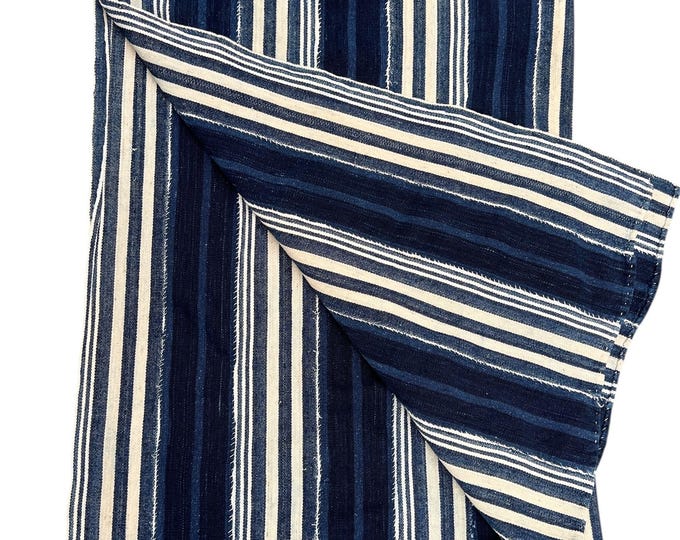 Awning stripe mud cloth fabric, dark indigo blue stripes, Vintage African textile, blue, tan, and ivory stripes, Vintage hand made fabric
