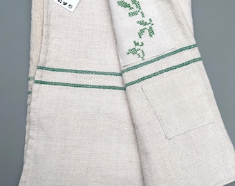 Green Striped Grain Sack Table Runner: Vintage Farmhouse Embroidery