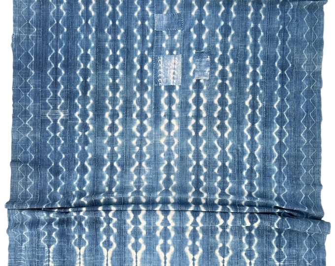 Rustic Blue and white Mud Cloth Throw, Patches on vintage hand-dyed African textile, vintage denim wrap, Boho home decor gift