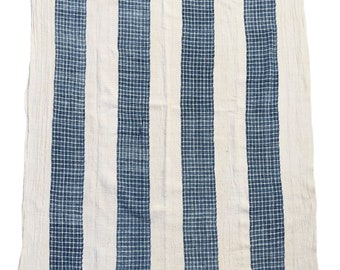 Boho fabric cotton mud cloth stripes, vintage style fabric, upholstery weight, plaid blue and white