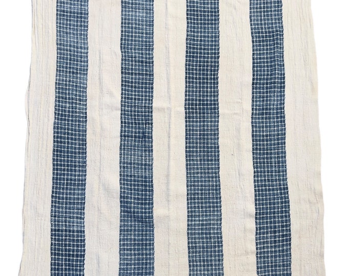 Boho fabric cotton mud cloth stripes, vintage style fabric, upholstery weight, plaid blue and white