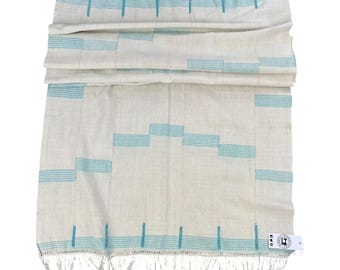 White mud cloth- hand made fringe wrap- Boho up-cycled shawl- turquoise blue and ivory textile- African cotton fabric- Coastal home throw