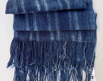 Vintage African Mud Cloth Throw, Navy Blue Indigo Shibori Fringe
