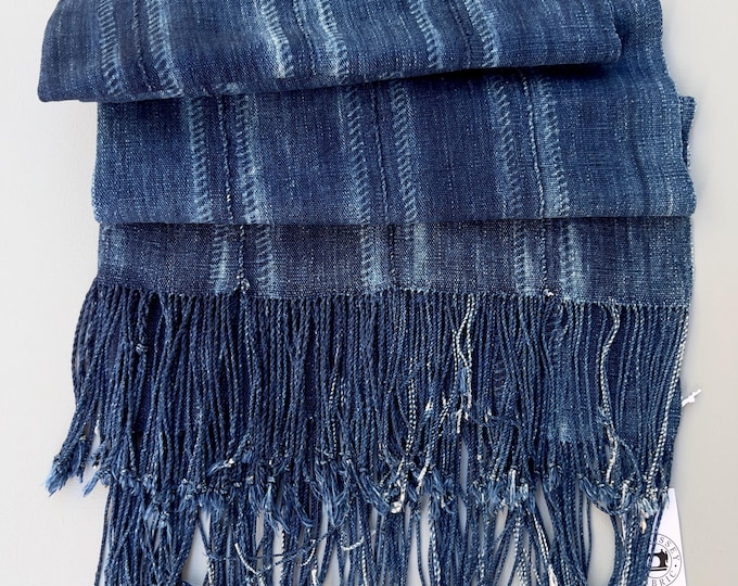 Vintage African Mud Cloth Throw, Navy Blue Indigo Shibori Fringe