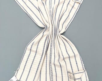 Warm weather tunic top with blue stripes and natural ivory cotton, hand embroidery seams,  knotted fringe finish