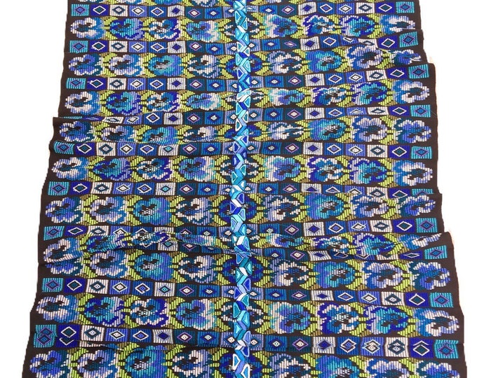 vintage Guatemalan Fabric, Turquoise and Black Guatemalan Textile, Embroidered Corte Cloth, Morrissey Fabric