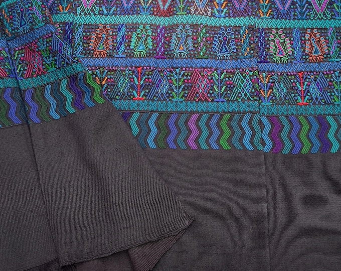 Guatemalan Huipil, Colorful embroidered crop top poncho, black and teal vintage top, decorative textile wall art, black boho poncho cover up