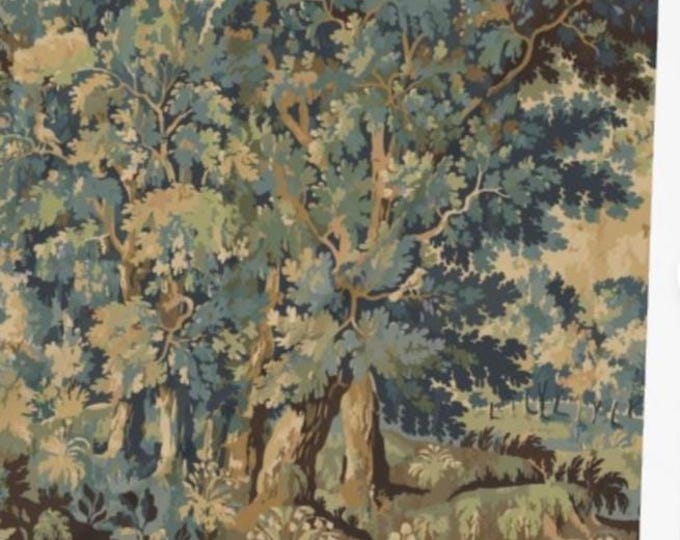 Antique French tapestry look on a sturdy cotton canvas fabric for upholstery or home decor items. Lovely teal blue, gold, and green design.