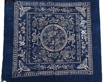 Vintage Chinese Batik Baby Carrier Textile, Indigo Hemp Fabric, Appliqué Detail