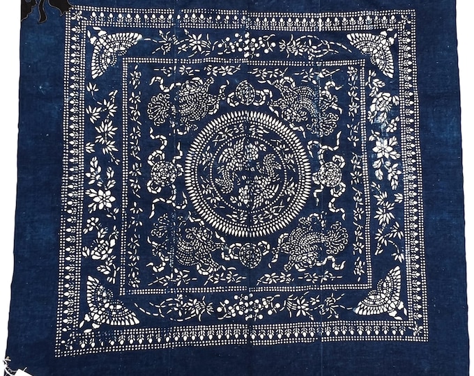 Vintage Chinese Batik Baby Carrier Textile, Indigo Hemp Fabric, Appliqué Detail