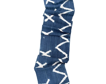 Bohemian blue and white scarf, Navy blue African Indigo- shibori denim zig zag scarf- fabric remnant-boho blue jeans scarf- mens jeans scarf
