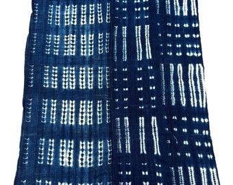 Mud Cloth bleu denim et blanc tie dye, tissu africain vintage, décoration d'intérieur