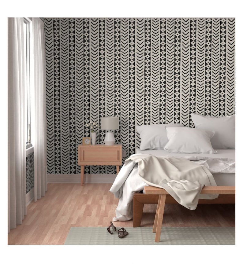 Block print traditional un-pasted pebble wallpaper, mud cloth wall art black and white ethnic style image 6