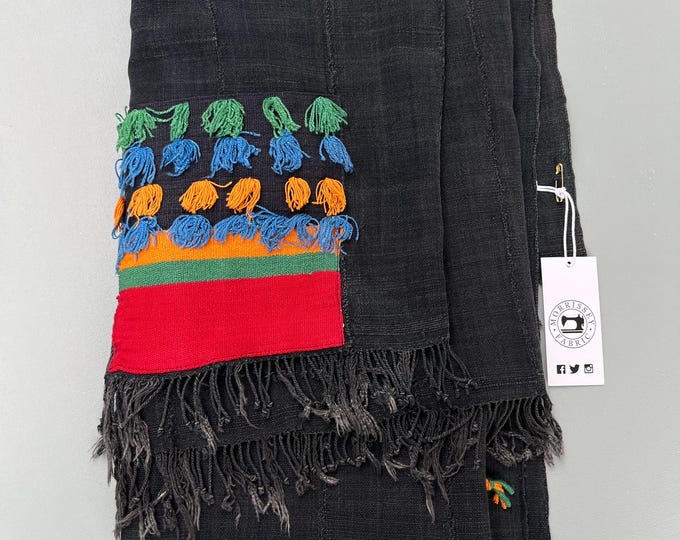 Vintage African Mud Cloth Throw Blanket: Black Cotton, Silk Fringe
