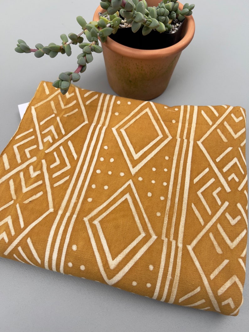 Mud Cloth Fabric, Boho home decor, hand painted golden yellow image 9